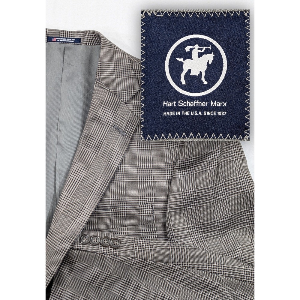 H. Schaffner MARX Wool Blazer Suit Jacket Silver Gray Wool Checked 44L 46 Chest